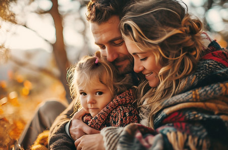 Family portrait featuring a happy couple holding their young daughter, surrounded by autumn foliage, showcasing warmth and love in a serene outdoor environment with soft sunlightの素材