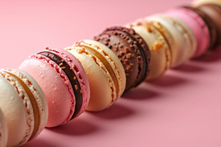 Colorful macarons displayed in a neat row on a soft pink background, highlighting their delicate textures and vibrant colors, creating an inviting and appetizing visual experienceの素材