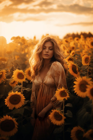 Young woman with long hair, wearing a flowing dress, stands gracefully among sunflowers, illuminated by golden warm light, creating a serene and enchanting atmosphere in the fieldの素材