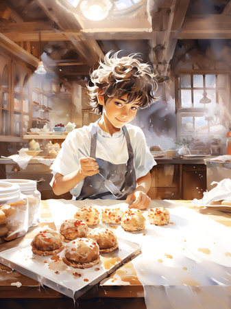 Young boy with curly hair is focused on baking cookies in a warm, inviting kitchen, surrounded by various baked goods and kitchen tools, showcasing the joy of culinary creativityの素材