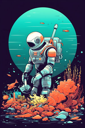 Robot diver is actively cleaning the ocean floor amidst a colorful coral reef, showing vibrant marine life and underwater textures, emphasizing the importance of ocean preservation and sustainabilityの素材