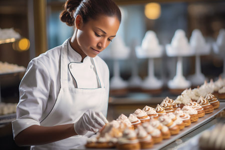 African American woman pastry chef is skillfully decorating cupcakes in a bakery, surrounded by an elegant display of desserts and a warm, inviting atmosphere, showcasing culinary artistryの素材