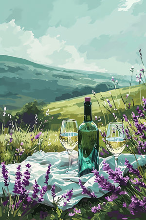 Wine bottle and two glasses placed on a white picnic blanket, surrounded by blooming lavender flowers in a lush green landscape, creating a serene and inviting outdoor atmosphereの素材