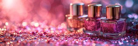 Glittering nail polish bottles in shades of pink and purple are arranged on a sparkling surface, surrounded by shimmering glitter and a vibrant bokeh background, creating a festive atmosphereの素材
