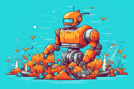 Robot diver actively cleans a colorful coral reef, surrounded by diverse marine life, emphasizing the importance of ocean conservation and the role of technology in protecting underwater ecosystemsの素材