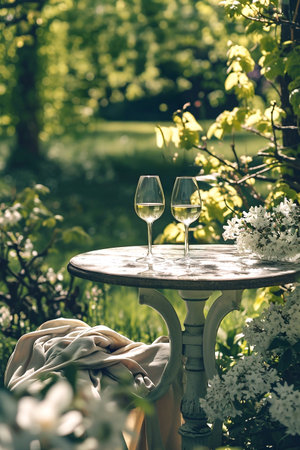Elegant outdoor table set with two wine glasses, surrounded by lush greenery and blooming flowers, creating a serene atmosphere perfect for relaxation and enjoyment in natureの素材