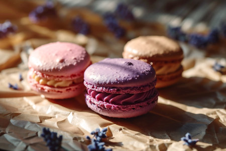 Colorful macarons in pink, purple, and brown are beautifully arranged on crumpled paper, surrounded by delicate lavender flowers, creating an inviting and delightful dessert displayの素材