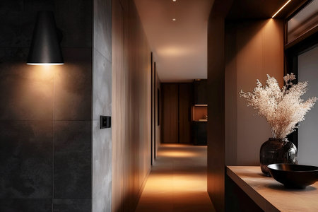 Modern interior hallway featuring warm lighting and sleek design, adorned with a decorative vase and soft textures, creating an inviting atmosphere for contemporary living spacesの素材