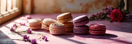 Colorful macarons in various shades are beautifully arranged on a pink surface, surrounded by delicate flowers, with soft natural light illuminating the scene, creating a warm and inviting atmosphereの素材