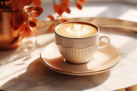 Elegant coffee cup featuring intricate latte art sits on a marble tray, illuminated by soft sunlight, with warm autumn leaves adding a cozy ambiance to the inviting sceneの素材