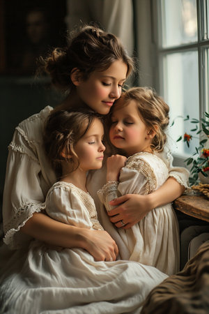 Mother gently embraces her two daughters, all dressed in soft white dresses, creating a serene atmosphere filled with love and tenderness, illuminated by natural light from the windowの素材