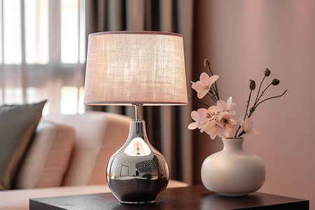 Modern table lamp with a soft fabric shade casts a warm glow in a cozy living room, complemented by a furnishing vase of flowers and elegantings, creating a serene and inviting atmosphereの素材