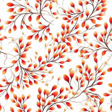 This seamless pattern showcases vivid red and orange leaves gracefully intertwined with slender branches on a bright white backdrop, ideal for various design applicationsの素材