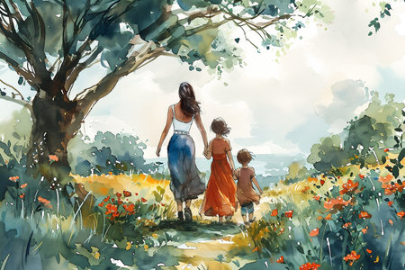 Woman accompanied by two children strolls through a colorful meadow, surrounded by lush greenery and blooming flowers, capturing a serene moment in nature, evoking feelings of joy and togethernessの素材