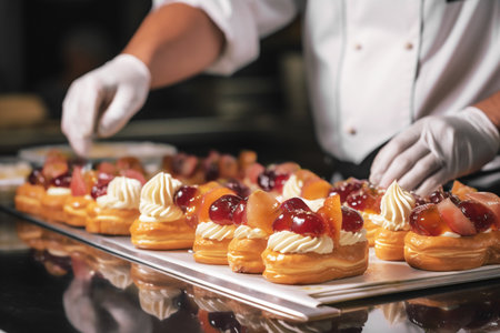Pastry chef skillfully decorates an array of fruit tarts with whipped cream and colorful toppings in a professional kitchen, showcasing culinary artistry and attention to detailの素材