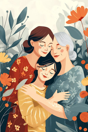 Three women are depicted in a warm embrace surrounded by vibrant flowers and foliage, showcasing the beauty of friendship and connection in a charming illustration filled with color and warmthの素材