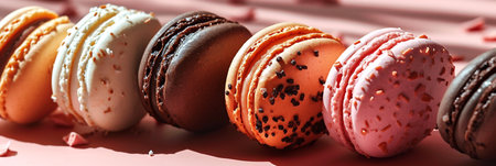 Colorful macarons displayed in a row on a soft pink surface, highlighting their unique textures and vibrant colors, creating an inviting atmosphere perfect for dessert lovers and culinary enthusiastsの素材