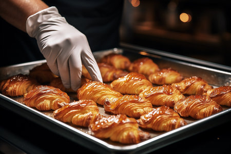 Baker wearing gloves is carefully placing golden croissants on a tray, showing the delicious pastries in a warm kitchen, with soft lighting creating an inviting atmosphereの素材