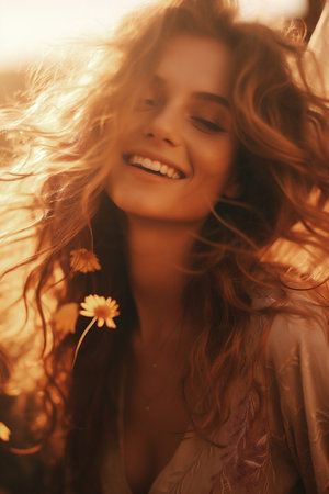 Joyful woman with long, flowing hair smiles brightly while surrounded by vibrant wildflowers in a warm, sunlit outdoor setting, capturing the essence of happiness and nature's beautyの素材