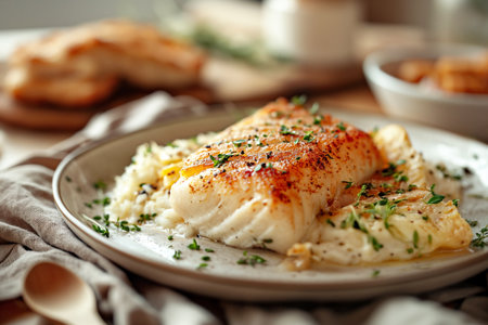 Grilled fish fillet placed on a round plate with fluffy rice, garnished with fresh herbs and spices, creating an appetizing and vibrant meal presentation for culinary enthusiastsの素材