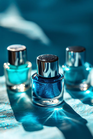 Vibrant nail polish bottles in blue and green hues are artistically arranged on a reflective surface, creating a visually appealing scene with copy spaceの素材