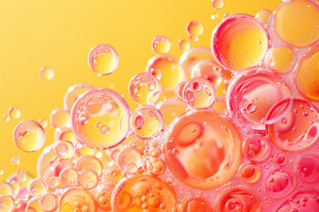 Vibrant bubbles in shades of pink and orange float against a bright yellow backdrop, creating a lively abstract scene filled with energy and visual interestの素材