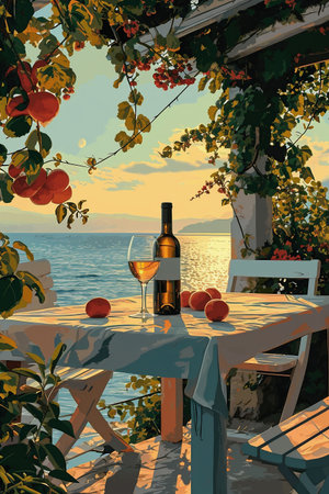 Outdoor dining scene with a bottle of wine and glass on a table, fresh fruits nearby, framed by vibrant greenery and a beautiful sunset reflecting on the waterの素材