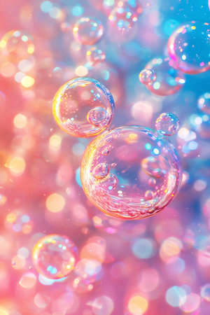Bubbles drift in a vibrant, dreamy setting filled with pastel colors and sparkling light, evoking a sense of wonder and joy in this captivating sceneの素材