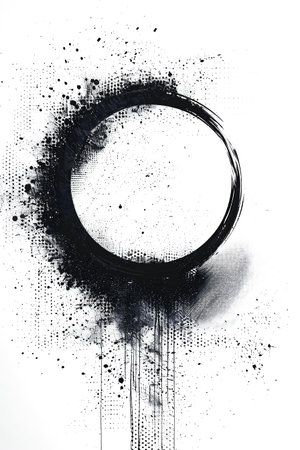 Black circle illustration features splashes and dots, creating an abstract design, ideal for artistic backgrounds and contemporary visual projectsの素材