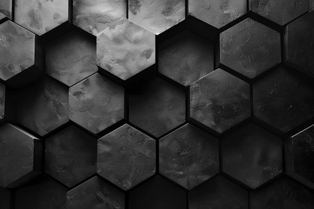 Black hexagonal tiles form a captivating geometric pattern on a wall, emphasizing modern design and texture, ideal for stylish interior decorationの素材