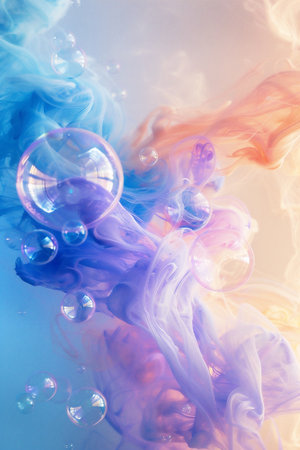 Abstract illustration showcases vibrant swirling smoke in blue, pink, and orange hues, with bubbles floating throughout, creating a whimsical and enchanting sceneの素材