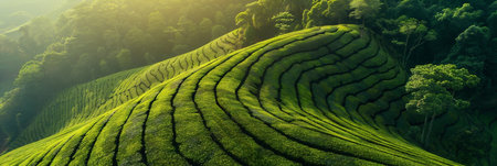 Terraced rice fields display vibrant green patterns under warm sunlight, highlighting the beauty of agriculture and the connection between land and natureの素材