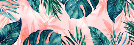 Tropical foliage in rich green shades contrasts beautifully with a soft pink backdrop, creating a vibrant and elegant atmosphere for decorative purposesの素材