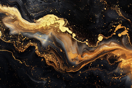 Fluid abstract artwork showcases a blend of black and gold hues, creating a captivating visual flow with intricate textures and a sense of depth and eleganceの素材