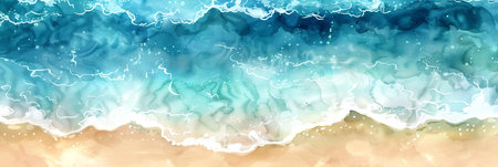 Watercolor illustration depicts ocean waves meeting sandy beach, featuring vibrant colors and soft textures, evoking a peaceful coastal scene with natural beautyの素材