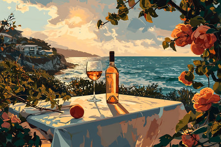 Coastal scene with a glass of wine and a bottle on a table, surrounded by blooming flowers, showcasing a tranquil sunset over the ocean with warm huesの素材
