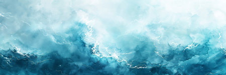 Watercolor illustration depicting ocean waves in various blue tones, showcasing fluid textures and a tranquil ambiance, perfect for backgrounds or artistic projectsの素材