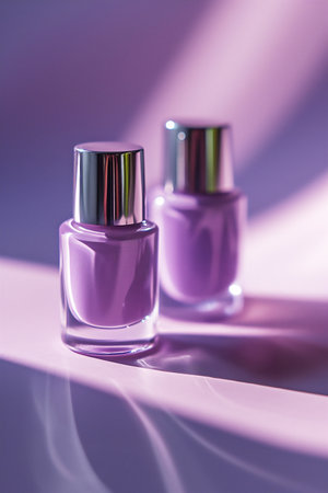 Two stylish purple nail polish bottles with reflective silver caps are positioned on a soft gradient background, providing ample copy space for creative brandingの素材