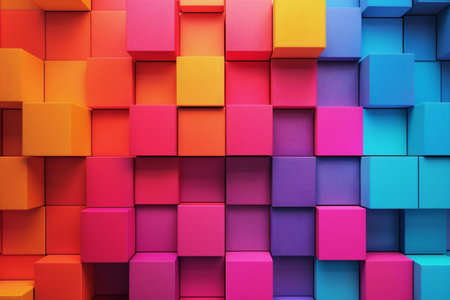 Abstract background showcases vibrant cubes in shades of orange, pink, purple, and blue, creating a lively and dynamic visual experience for creative applicationsの素材