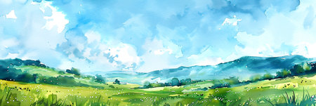 Serene watercolor landscape illustration features a lush meadow with rolling hills and a bright blue sky, evoking a sense of peace and natural beautyの素材