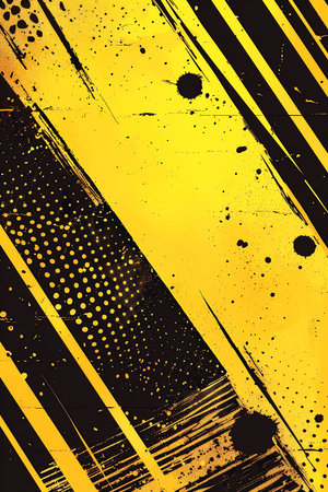 Vibrant abstract background with yellow and black colors, showcasing diagonal lines, splatters, and dotted patterns, perfect for artistic and creative applicationsの素材