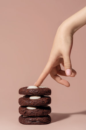 Stacked chocolate cookies with creamy filling are featured, as a hand reaches for the top cookie, creating a bakery concept with ample copy space for menu design or promotional materialsの写真素材