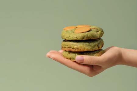 A hand presents three stacked pistachio cookies with filling, highlighting their unique textures and colors, ideal for bakery concepts and menu designs with copy spaceの写真素材