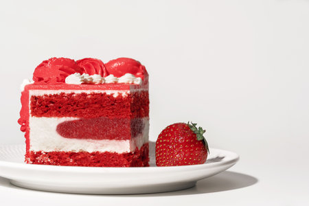 A delicious slice of red velvet cake topped with creamy frosting and accompanied by a fresh strawberry, presented on a white plate, perfect for bakery menu design with copy spaceの写真素材