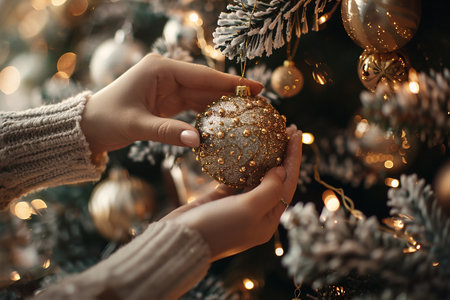Hands hold gently a sparkling golden Christmas ornament, adding it to a beautifully decorated tree adorned with lights and other ornaments, creating a warm holiday atmosphereの素材