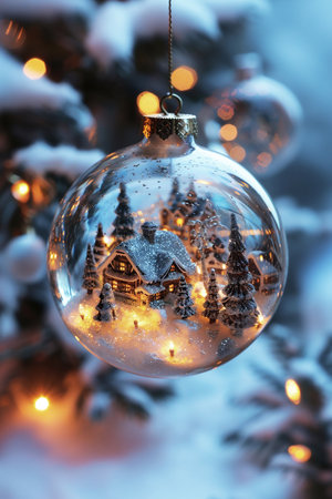 Snow globe ornament showcases a charming winter landscape with miniature houses and evergreen trees, illuminated by warm lights, creating a magical holiday atmosphere and festive spiritの素材