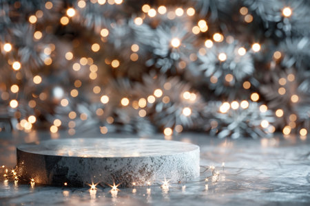 Circular stone pedestal is illuminated by soft sparkling lights in a blurred festive background, creating an inviting atmosphere for product display or artistic presentationsの素材