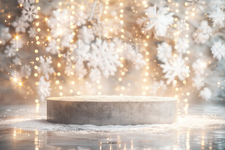 Concrete pedestal is elegantly placed in a winter-themed setting, surrounded by shimmering lights and delicate snowflakes, enhancing the festive ambiance for seasonal displays or presentationsの素材