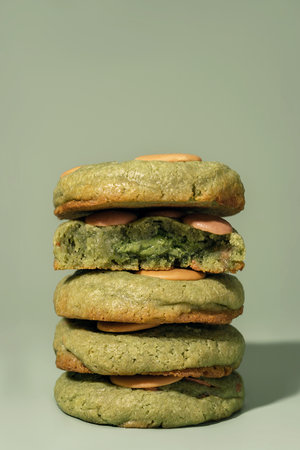 A visually appealing stack of green cookies with a creamy filling is presented against a soft background, creating an inviting atmosphere perfect for confectionary concepts and menu designsの写真素材