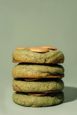 A visually appealing stack of green cookies topped with golden accents, set against a soft, muted...